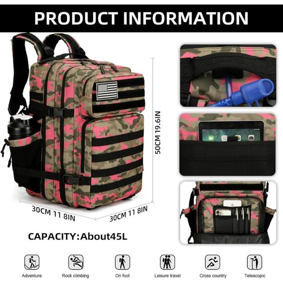 45L Tactical Backpack with Bottle Holder Waterproof Multi Compartment for Hiking - Picture 6 of 7